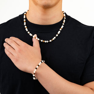 Tiger Eye Onyx Pearl Necklace (Gold)